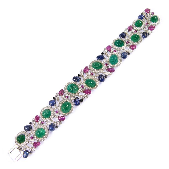 Art Deco carved emerald, ruby, sapphire and diamond tutti-frutti strap bracelet, French c.1925, | MasterArt